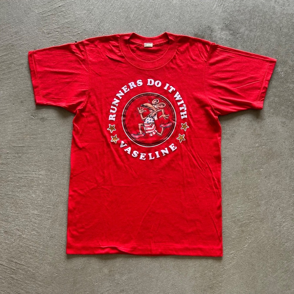 Vintage 80s Runners Do It With Vaseline Shirt Size Medium Red Funny Rat Marathon